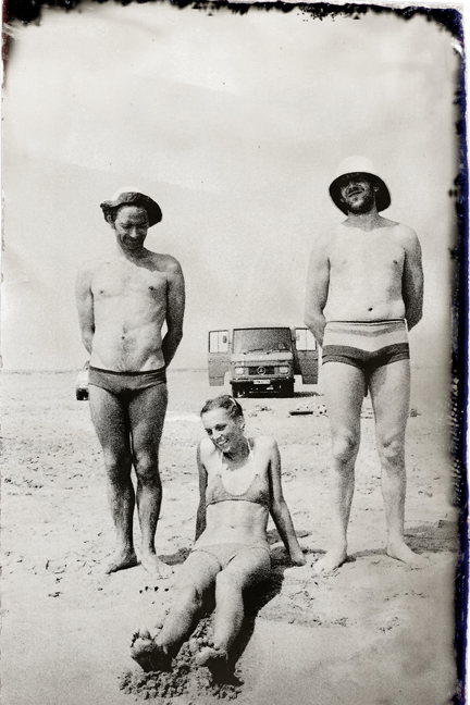 One the beach with Pete, Babette and Rod, with touring van in the background 